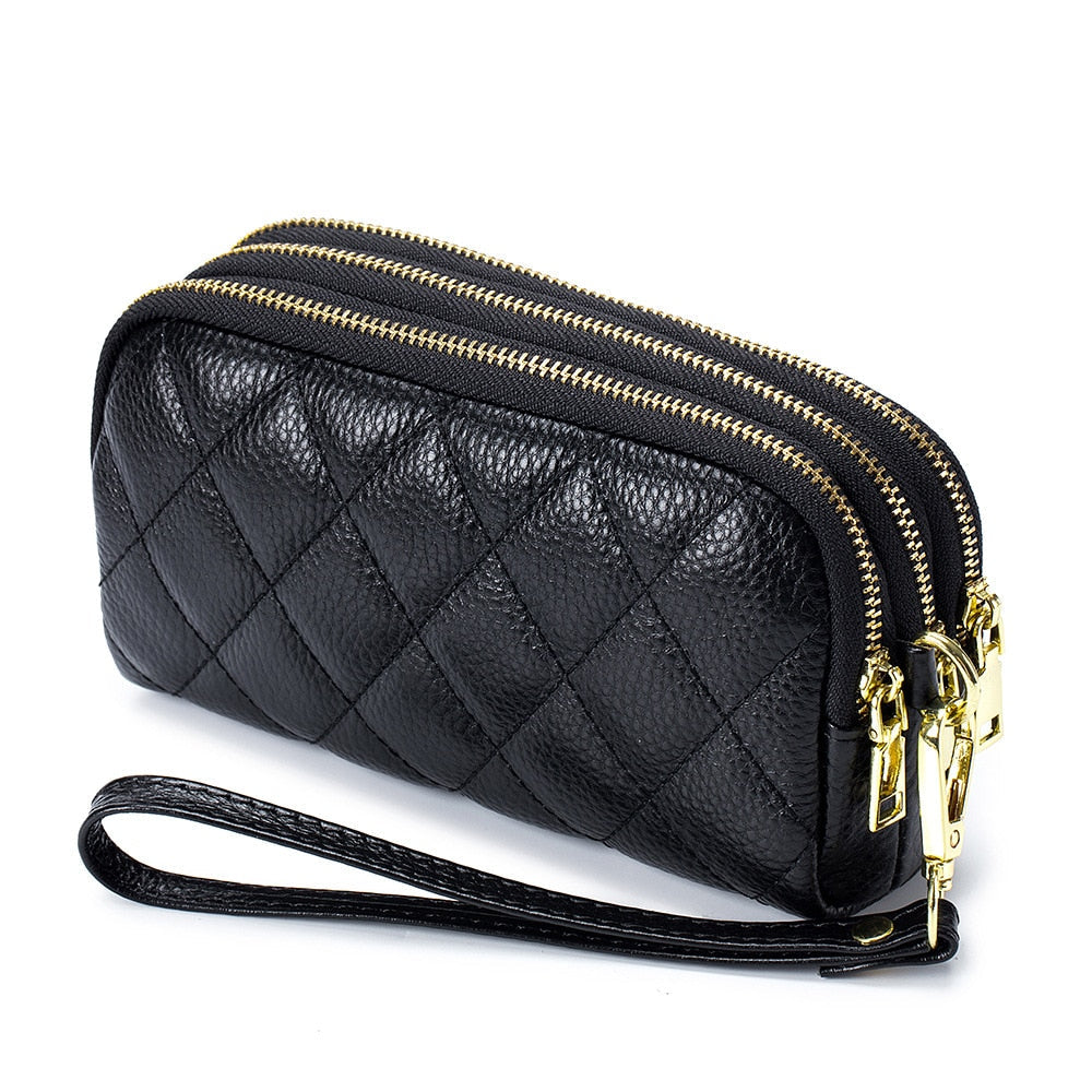 Women Long Wallet Genuine Leather 3-Layer Zipper Purse Bag Large Capacity Wristlet Clutch Wallets Phone Bag Money Purses